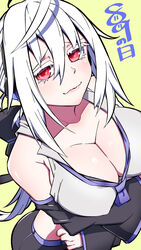  ahoge arms_under_breasts bow breasts cleavage commentary covered_nipples crop_top date_pun detached_sleeves female from_above grey_shirt hairbow headphones highres jin_(mugenjin) large_breasts looking_at_viewer loose_necktie midriff necktie number_pun ponytail purple_necktie red_eyes shirt simple_background smile solo striped_bow translation_request vocaloid white_hair yowane_haku 