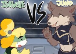  animal_crossing anthro beastars biped blurred_background bodily_fluids bra brown_body brown_fur canid canine canis clothed clothing colored crossover crowd detailed_background digital_media_(artwork) domestic_dog duo_focus english_text female fight fighting_pose fighting_ring fur group hi_res isabelle_(animal_crossing) juno_(beastars) mammal mask midriff navel nintendo open_mouth pester pose shih_tzu shirt size_difference smile sports_bra sports_mask sportswear sweat sweatdrop tank_top text title_card topwear toy_dog underwear uniform wolf wrestler_costume wrestling_mask 