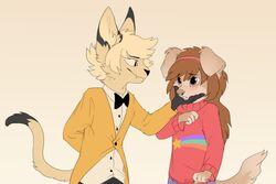  2018 5_fingers adolescent age_difference alternate_species anthro bill_cipher brown_eyes brown_hair canid canine canis clothed clothing digital_media_(artwork) disney domestic_cat domestic_dog duo felid feline felis female fingers fur furrification gravity_falls hair hi_res mabel_pines male mammal older_anthro older_male reysi simple_background smile tan_body tan_fur young young_anthro young_female younger_anthro younger_female 