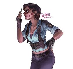  belt black_gloves blue_shirt braid breasts brown_hair calavera caveira_(rainbow_six_siege) cleavage commentary cuffs dark-skinned_female dark_skin denim dia_de_muertos english_commentary facepaint female fingerless_gloves fingernails gloves hair_over_shoulder hand_on_own_hip handcuffs highres holster jeans long_fingernails long_hair medium_breasts paintbrush pants police police_uniform policewoman rainbow_six_siege shirt shoulder_holster single_braid sleeves_rolled_up solo suisui_again uniform white_background 