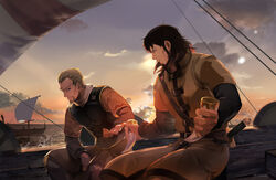  2boys askeladd bjorn_(vinland_saga) black_hair blonde_hair cloud commentary_request drinking_horn highres longship male_focus multiple_boys ocean sailing ship short_hair sunset viking vinland_saga watercraft zouhyou_(at4190) 