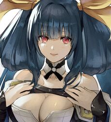  bare_shoulders belt blue_hair breast_press breasts choker cleavage detached_sleeves dizzy_(guilty_gear) female guilty_gear guilty_gear_xrd hair_between_eyes hair_ribbon hair_rings hand_on_own_chest hands_on_own_chest jako_(toyprn) large_breasts looking_at_viewer mature_female multiple_belts red_eyes ribbon solo twintails upper_body yellow_ribbon 