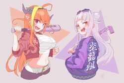  2girls ahoge alternate_costume artist_logo back banchou baseball_bat belt blonde_hair blunt_bangs bow breasts chest_sarashi cleavage clenched_hand commentary_request cowboy_shot cropped_jacket delinquent doyagao dragon_horns dragon_print eyewear_on_head hair_bun hairband hand_in_pocket highres hololive horn_bow horn_ornament horns industrial_pipe jacket kiryu_coco large_breasts light_purple_hair long_hair looking_at_viewer looking_back midriff multicolored_hair multiple_girls murasaki_shion navel oerba_yun_fang open_mouth orange_background orange_hair otsuri_8yen over_shoulder pants partially_translated pointy_ears purple_background purple_jacket red_eyes red_jacket sarashi simple_background single_hair_bun smug star-shaped_eyewear star_(symbol) straight_hair sukeban sunglasses translation_request two-tone_background two-tone_hair virtual_youtuber weapon weapon_over_shoulder 