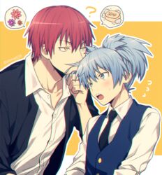  2boys ? akabane_karma ansatsu_kyoushitsu black_jacket black_necktie blazer blue_eyes blue_hair blue_vest blush buttons collarbone collared_shirt commentary_request dress_shirt flower flying_sweatdrops hair_between_eyes jacket kunugigaoka_middle_school_uniform long_sleeves looking_at_another male_focus mashima_shima multiple_boys necktie open_clothes open_jacket open_mouth orange_background outline pink_flower purple_flower red_hair school_uniform shiota_nagisa shirt short_hair short_twintails smelling_hair soap soap_bubbles speech_bubble spoken_flower spoken_object sweatdrop teeth twintails twitter_username two-tone_background upper_body upper_teeth_only vest white_background white_outline white_shirt yaoi yellow_eyes 