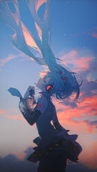  aqua_hair aqua_nails aqua_necktie arched_back backlighting bare_shoulders black_skirt black_sleeves blue_theme closed_eyes cloud commentary contrapposto cowboy_shot detached_sleeves facing_up female floating_hair from_side glow_(vocaloid) grey_shirt hair_floating_upwards hair_ornament hatsune_miku headphones headset highres holding holding_microphone light_particles long_hair microphone miniskirt nail_polish necktie orange_clouds orange_theme outdoors pleated_skirt red_clouds rella shirt shoulder_tattoo skirt sky sleeveless sleeveless_shirt solo sunset tattoo thighhighs twintails very_long_hair vocaloid 