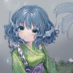  80isiiii air_bubble bad_id bad_twitter_id blue_eyes blue_hair breasts bubble closed_mouth expressionless female fins gradient_background green_kimono grey_background hair_between_eyes head_fins head_tilt highres japanese_clothes kimono looking_at_viewer medium_hair mermaid monster_girl simple_background small_breasts solo touhou underwater upper_body wakasagihime wavy_hair 