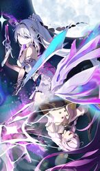  :d absurdres blue_eyes breasts colored_skin detached_sleeves dress female gradient_background gun highres holding holding_gun holding_sword holding_weapon honkai_(series) honkai_impact_3rd kiana_kaslana kiana_kaslana_(herrscher_of_finality) kiana_kaslana_(valkyrie_ranger) long_hair medium_breasts moon purple_eyes reflection roena smile strapless strapless_dress sweater sword thighhighs weapon white_dress white_hair white_sweater white_thighhighs 