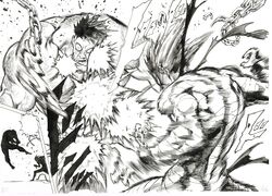  2boys absurdres bandages battle broken chains garou_(one-punch_man) greyscale highres male_focus monochrome multiple_boys murata_yuusuke muscular muscular_male numbered official_art one-punch_man open_mouth punching puri_puri_prisoner scan spoilers traditional_media wide-eyed 