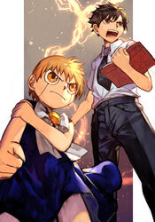  2boys black_hair black_necktie black_pants blonde_hair book border brown_eyes closed_mouth collared_shirt gash_bell grimoire holding holding_book hungry_clicker konjiki_no_gash!! lightning magic male_focus multiple_boys neck_ribbon necktie open_book open_mouth pants profile ribbon school_uniform shirt short_hair short_sleeves sleeveless sleeveless_shirt standing takamine_kiyomaro teeth white_border white_ribbon white_shirt yellow_eyes 