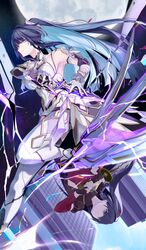  absurdres armpits black_hair breasts building detached_sleeves dress feet_out_of_frame female gloves highres holding holding_sword holding_weapon honkai_(series) honkai_impact_3rd medium_breasts moon ponytail purple_eyes raiden_mei raiden_mei_(herrscher_of_origin) raiden_mei_(valkyrie_bladestrike) reflection roena solo sword thighhighs weapon white_dress white_gloves white_thighhighs 