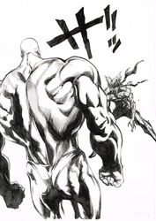  2boys absurdres bald bandages blank_eyes briefs chougoukin_kurobikari dark-skinned_male dark_skin fighting_stance fingernails garou_(one-punch_man) greyscale highres imminent_fight legs_apart male_underwear monochrome multiple_boys murata_yuusuke muscular numbered official_art one-punch_man scan simple_background standing traditional_media underwear white_background 