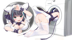  animal_band animal_ears apron ass azur_lane blush breasts cheshire_(azur_lane) cleavage clothes_lift detached_sleeves dress dress_lift fake_animal_ears feet female frilled_hairband frills garter_straps grey_hair hairband highres in_washing_machine large_breasts long_ribbon looking_at_viewer maid maid_headdress multicolored_hair no_shoes open_mouth panties pantyhose puffy_detached_sleeves puffy_sleeves purple_apron ribbon short_hair smile soles streaked_hair thighhighs thong two-tone_hair underwear washing_machine white_panties white_thighhighs xiao_shi_lullaby 