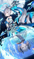  absurdres bare_shoulders black_bow black_gloves black_jacket bow bronya_zaychik bronya_zaychik_(herrscher_of_truth) bronya_zaychik_(valkyrie_chariot) closed_mouth different_reflection drill_hair female full_moon gloves grey_eyes grey_hair hairbow halo highres holographic_interface honkai_(series) honkai_impact_3rd jacket long_hair looking_at_viewer moon open_mouth reflection roena sky solo star_(sky) starry_sky twin_drills very_long_hair 