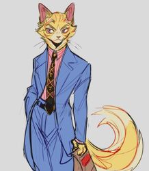  2022 alternate_species anthro clothed clothing domestic_cat felid feline felis fully_clothed furrification jojo&#039;s_bizarre_adventure looking_away male mammal meow286 necktie purple_eyes smile solo suit yellow_body yoshikage_kira 