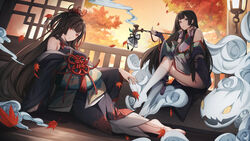  2girls autumn_leaves barefoot black_kimono brown_hair closed_mouth copyright_request crossed_legs day earrings en&#039;enra enenra_(onmyoji) floral_print flower genyaky grey_eyes hair_flower hair_ornament hand_up higanbana_(onmyoji) highres holding holding_smoking_pipe indoors japanese_clothes jewelry kimono kiseru leaf legs_together long_hair long_sleeves looking_at_viewer maple_leaf monster multiple_girls nail_polish name_connection obi object_namesake off_shoulder onmyoji orange_sky parted_lips pointy_ears porch red_flower sash sitting sky smoke smoking_pipe socks spider_lily spider_lily_print tassel tassel_earrings toenail_polish toenails white_legwear yokozuwari 