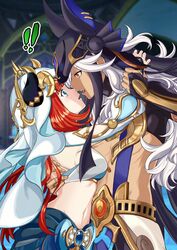  1boy animal_ears arabian_clothes bare_shoulders black_choker blush breasts choker circlet crop_top cyno_(genshin_impact) dark-skinned_male dark_skin detached_sleeves fake_horns female genshin_impact gloves hair_over_one_eye harem_outfit hat highres holding_hands hood horns imminent_kiss jackal_ears long_hair midriff navel nilou_(genshin_impact) orange_eyes puricha red_eyes red_hair skirt stomach straight veil white_hair white_headwear white_veil 