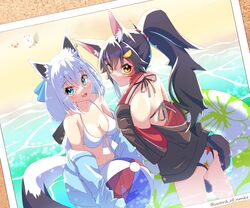  2girls absurdres animal_ear_fluff animal_ears ass ball bikini bikini_under_clothes black_bow black_hair blush bow braid breasts commentary_request crab fox_ears fox_girl fox_tail fubuzilla_(shirakami_fubuki) green_eyes hair_between_eyes hair_ornament hairbow hairclip highres holding holding_ball hololive hood hooded_jacket jacket long_hair looking_at_viewer looking_back multicolored_hair multiple_girls murasame_(sword_of_nmkr) ookami_mio ookami_mio_(hololive_summer_2019) open_clothes open_mouth photo_(object) ponytail red_hair shirakami_fubuki shirakami_fubuki_(hololive_summer_2019) sidelocks single_braid small_breasts smile streaked_hair swimsuit tail tail_around_own_leg twitter_username virtual_youtuber white_bikini white_hair white_jacket wolf_ears wolf_girl wolf_tail yellow_eyes 