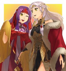  2girls :d ;d asagi_(banzoku210) bangle black_dress black_gloves border bracelet bridal_gauntlets circlet coat commentary dated_commentary dress fire_emblem fire_emblem:_radiant_dawn fire_emblem_cipher gloves half_updo headband highres hime_cut jewelry long_hair long_sleeves micaiah_(fire_emblem) micaiah_(radiant_queen)_(fire_emblem) multiple_girls official_alternate_costume one_eye_closed open_mouth purple_hair red_coat sanaki_kirsch_altina siblings side_slit simple_background sisters sleeveless sleeveless_dress smile teeth turtleneck turtleneck_dress two-tone_background white_border white_hair yellow_background yellow_eyes 