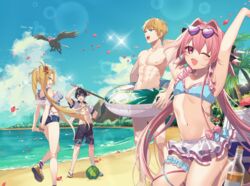  3boys absurdres astolfo_(fate) beach bikini bikini_skirt black_hair blonde_hair blue_eyes bradamante_(fate) charlemagne_(fate) cousins day eyewear_on_head fate/grand_order fate_(series) female flower food fruit hair_flower hair_ornament heart heart-shaped_eyewear highres hippogriff innertube kan&#039;yu_(citron_82) male_swimwear multicolored_hair multiple_boys navel ocean oerba_yun_fang one_eye_closed otoko_no_ko outdoors petals pink_eyes pink_hair roland_(fate) stick sunglasses swim_ring swim_trunks swimsuit twintails two-tone_hair watermelon white_hair 