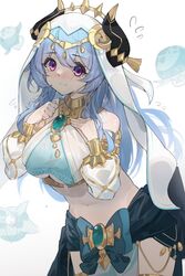  bare_shoulders blue_bow blue_hair blush bow bracer breasts brooch cosplay cowboy_shot crop_top detached_sleeves female flying_sweatdrops fungi_(genshin_impact) ganyu_(genshin_impact) genshin_impact gold_trim hands_on_own_chest hands_up highres horns jewelry large_breasts long_hair long_sleeves looking_at_viewer midriff navel neck_ring nilou_(genshin_impact) nilou_(genshin_impact)_(cosplay) nose_blush puffy_long_sleeves puffy_sleeves purple_eyes simple_background smile solo standing stomach thighlet veil very_long_hair vision_(genshin_impact) wet white_background white_headdress yamasede_neiko 