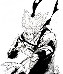  2boys absurdres bald blood blood_on_face fighting_stance fingernails garou_(one-punch_man) greyscale highres monochrome multiple_boys murata_yuusuke numbered official_art one-punch_man pointy_hair saitama_(one-punch_man) sanpaku scan simple_background smile solo_focus traditional_media white_background 