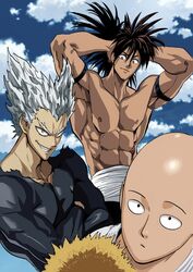  3boys abs absurdres anime_coloring bald blue_eyes blue_sky bodysuit brown_hair closed_mouth cloud cloudy_sky crossed_arms day garou_(one-punch_man) grey_hair grin highres looking_at_viewer male_focus multiple_boys murata_yuusuke muscular muscular_male nipples official_art one-punch_man pointy_hair saitama_(one-punch_man) sanpaku sash sky smile suiryuu_(one-punch_man) topless_male wig yellow_eyes 