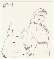  anthro belt canid canine clothing collar djayo dog_walking duo female feral hat headgear headwear human leash leashed_collar male mammal necktie security security_guard security_uniform smile text thai_text translated 