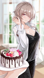  1other absurdres birthday_cake black_pants black_shirt breasts brown_hair cake casual cleavage closed_mouth female food hair_over_one_eye highres holding holding_food honkai_(series) honkai_impact_3rd indoors jacket long_sleeves looking_at_food mole mole_under_eye pants purple_eyes rita_rossweisse ruo_zhishi_chu_jian shirt short_hair smile white_jacket 