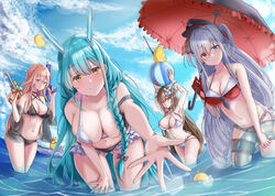  4girls absurdres ahoge animal_ears aqua_hair armlet armpits ass_visible_through_thighs azur_lane bare_arms bare_shoulders beach_volleyball bikini black_bikini black_shirt blurry blush boise_(azur_lane) bokeh braid breasts brown_eyes bubble cleavage closed_mouth cloud collarbone cowboy_shot depth_of_field dot_nose dual_wielding elbing_(azur_lane) english_commentary fake_animal_ears frilled_bikini frills grey_hair hair_between_eyes hair_ornament hat heterochromia highres holding holding_umbrella huge_breasts innertube kashino_(azur_lane) kashino_(hot_springs_relaxation)_(azur_lane) large_breasts leaning_forward legs_apart long_hair looking_at_viewer manjuu_(azur_lane) military_hat multiple_girls navel official_alternate_costume orange_hair outdoors outstretched_hand pink_hair purple_eyes see-through see-through_shirt ship shirt short_twintails sky smile swim_ring swimsuit thigh_strap thighs twintails umbrella very_long_hair volga_(azur_lane) wading water_gun watercraft white_bikini xstetra yellow_eyes 