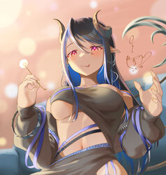  :q absurdres bandeau belt black_bandeau black_belt black_hair black_jacket black_skirt blue_belt blue_hair blue_mountain_(user_aesh3827) blurry blush bokeh breasts chest_belt closed_mouth commentary_request couch demon_girl demon_horns demon_tail depth_of_field female forked_tongue grey_horns hair_between_eyes hebiyoi_tier hebiyoi_tier_(1st_costume) highres hip_vent horns jacket lap_pillow_invitation large_breasts long_hair long_sleeves looking_at_viewer mimikaki multicolored_hair nanashi_inc. navel off_shoulder open_clothes open_jacket pink_background pink_eyes pointy_ears sidelocks skirt smile solo sugar_lyric tail tongue tongue_out two-tone_hair underboob upper_body virtual_youtuber 