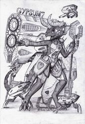  3_toes anthro azural_cobaltros barefoot big_gun drone_(vehicle) english_text feet greyscale grysum gun hi_res kobold machine male monochrome ranged_weapon robot science_fiction solo staff text toes weapon 