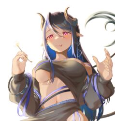  :q absurdres bandeau belt black_bandeau black_belt black_hair black_jacket black_skirt blue_belt blue_hair blue_mountain_(user_aesh3827) blush breasts chest_belt closed_mouth commentary_request couch demon_girl demon_horns demon_tail female forked_tongue grey_horns hair_between_eyes hebiyoi_tier hebiyoi_tier_(1st_costume) highres hip_vent horns jacket lap_pillow_invitation large_breasts long_hair long_sleeves looking_at_viewer mimikaki multicolored_hair nanashi_inc. navel off_shoulder open_clothes open_jacket pink_eyes pointy_ears sidelocks simple_background skirt smile solo sugar_lyric tail tongue tongue_out transparent_background two-tone_hair underboob upper_body virtual_youtuber 