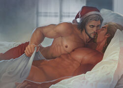  2boys abs aenaluck artist_name audec_(aenaluck) bara bed blanket blonde_hair chest_hair closed_mouth completely_nude facial_hair grey_hair hat highres holding holding_blanket imminent_kiss large_pectorals lying male_focus male_pubic_hair master_(aenaluck) multiple_boys muscular muscular_male navel nipples nude on_back on_bed on_side open_mouth original pants pectorals pillow pubic_hair red_pants santa_costume santa_hat short_hair topless_male yaoi 