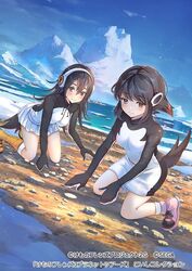  2girls adelie_penguin_(kemono_friends) black_hair black_sweater blush boots commentary_request gentoo_penguin_(kemono_friends) headphones iceberg kemono_friends kemono_friends_3 kneeling long_hair long_sleeves multicolored_hair multiple_girls official_art orange_eyes orange_hair outdoors penguin_girl penguin_tail pink_footwear pleated_skirt red_hair rock shoichi_(ekakijin) short_hair skirt sky sweater tail translated two-tone_sweater white_skirt white_sweater yellow_footwear 