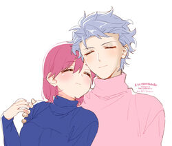  1boy artist_name blue_sweater bob_cut breasts closed_eyes couple female grey_hair hair_between_eyes hand_on_another&#039;s_shoulder krudears light_blush medium_breasts pink_hair pink_sweater protagonist_(tokimemo_gs3) shitara_seiji short_hair smile straight sweater tokimeki_memorial tokimeki_memorial_girl&#039;s_side_3rd_story turtleneck turtleneck_sweater twitter_username upper_body white_background 