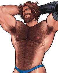  1boy abs arm_hair armpit_hair armpits arms_behind_head bara beard bikini_briefs blake_alexander blue_male_underwear brown_hair cassidy_(overwatch) chest_hair come_hither facial_hair hairy highres large_pectorals leg_hair looking_at_viewer male_focus male_underwear mature_male muscular muscular_male navel_hair neckbeard nipples overwatch pectorals presenting_armpit pubic_hair pubic_hair_peek seductive_smile short_hair smile solo stomach topless_male underwear underwear_only very_hairy 