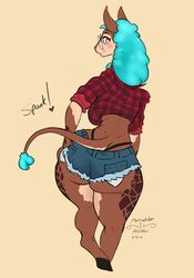  anthro artblush ass big_butt blue_hair bottomwear bovid breasts brown_body brown_fur butt_slap caprine closed_eyes clothing curvy_figure cutoffs daisy_dukes denim denim_bottomwear denim_clothing eyewear female flannel_shirt fur gesture giraffe giraffid glasses hair heart_eyes heart_symbol hi_res holly_day_(randomnutz) hotpants hybrid looking_back mammal sheep shorts slap slapping_own_butt slapping_self thong thong_straps underbutt underwear waving 