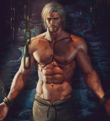  1boy abs aenaluck artist_name bara black_pants blue_eyes bound bound_wrists chains chest_hair closed_eyes dirty dirty_face facial_hair grey_hair highres large_pectorals male_focus master_(aenaluck) muscular muscular_male navel nipples original pants pectorals restrained short_hair solo topless_male torn_clothes torn_pants 