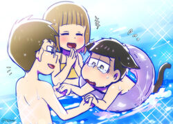  2boys animal_ears beach bikini black_eyes black_hair blonde_hair brown_eyes brown_hair cat_ears closed_eyes female flying_sweatdrops glasses glasses_boy_(osomatsu-san) holding_hands innertube kemonomimi_mode kl_(dgzonbi) matsuno_ichimatsu messy_hair multiple_boys ocean osomatsu-san osomatsu_(series) own_hands_together short-haired_girl_(osomatsu-san) short_hair smile swim_ring swimsuit tail tears trembling turn_pale yellow_bikini 