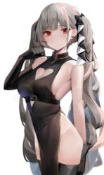  absurdres alternate_costume azur_lane bare_shoulders between_breasts black_dress black_gloves blush breasts cleavage cleavage_cutout clothing_cutout cross cross_earrings dress earrings elbow_gloves female formidable_(azur_lane) frills gloves grey_hair hair_ribbon heart heart_cutout highres inverted_cross jewelry large_breasts long_hair looking_at_viewer nephthys2356 red_eyes ribbon simple_background solo twintails two-tone_ribbon very_long_hair white_background 