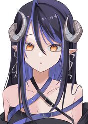  :o bandeau belt black_bandeau black_belt black_hair blue_belt blue_hair breasts brown_eyes chest_belt cleavage collarbone commentary curled_horns demon_girl demon_horns female grey_horns hair_between_eyes hebiyoi_tier hebiyoi_tier_(1st_costume) highres horns large_breasts long_hair looking_at_viewer multicolored_hair nanashi_inc. off_shoulder open_mouth pointy_ears sidelocks simple_background snake_bite solo sugar_lyric two-tone_hair upper_body virtual_youtuber white_background yuru._(m29125567) 