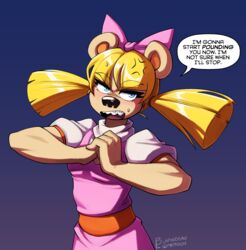  bear braces bully clothing cosplay dialogue dress english_text female helga_pataki hey_arnold! hi_res ishi krista_blonde lapinbeau looking_at_viewer mammal nickelodeon ribbons solo text 