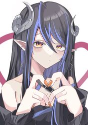  bandeau belt black_bandeau black_belt black_hair black_jacket blue_belt blue_hair blush brown_eyes brown_nails chest_belt collarbone commentary curled_horns demon_girl demon_horns female fingernails grey_horns hair_between_eyes heart heart_hands hebiyoi_tier hebiyoi_tier_(1st_costume) highres horns jacket long_hair long_sleeves looking_at_viewer mole mole_on_neck multicolored_hair nail_polish nanashi_inc. off_shoulder pointy_ears sidelocks solo sugar_lyric two-tone_hair upper_body virtual_youtuber yuru._(m29125567) 