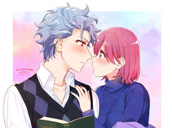  1boy argyle_clothes argyle_sweater artist_name blue_sweater blush bob_cut book border breasts collared_shirt female grey_hair hand_on_another&#039;s_chest holding holding_book imminent_kiss krudears looking_at_another medium_breasts noses_touching parted_lips pink_hair profile protagonist_(tokimemo_gs3) purple_eyes red_eyes shirt shitara_seiji short_hair sweater sweater_vest tokimeki_memorial tokimeki_memorial_girl&#039;s_side_3rd_story turtleneck turtleneck_sweater twitter_username upper_body white_border white_shirt 