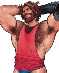  1boy abs arm_hair armpit_hair armpits arms_behind_head bara beard bikini_briefs blake_alexander blue_male_underwear brown_hair cassidy_(overwatch) chest_hair come_hither facial_hair hairy highres large_pectorals leg_hair looking_at_viewer male_focus male_underwear mature_male muscular muscular_male navel_hair neckbeard nipples overwatch pectorals presenting_armpit pubic_hair pubic_hair_peek red_tank_top seductive_smile short_hair sidepec smile solo stomach tank_top underwear very_hairy 