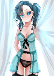  artist_name asymmetrical_bangs babydoll backlighting black_garter_belt black_panties black_thighhighs blue_eyes blue_hair breasts commentary cowboy_shot curtain_grab curtains drill_hair female garter_belt green_babydoll highres kein_hasegawa lace lace-trimmed_babydoll lace-trimmed_garter_belt lace-trimmed_panties lace-trimmed_thighhighs lace_panties lace_trim lingerie looking_at_viewer medium_hair original panties parted_lips side_drill side_ponytail signature smile solo standing thighhighs underwear 