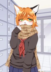  anthro artist_name black_ears blush bottomwear cheek_tuft clothed clothing domestic_cat facial_tuft felid feline felis female fully_clothed fur fur_tuft green_eyes hair hi_res komachi_(wolfox004) looking_at_viewer mammal mismatched_ears open_mouth orange_ears orange_hair solo tongue topwear tuft wolfox004 