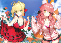  2girls absurdres ahoge animal_ear_fluff animal_ears bare_shoulders blonde_hair blue_sky blush bow breasts brown_eyes cleavage cloud cloudy_sky collarbone day dress fate/extra fate/extra_ccc fate_(series) flower fox_ears fox_girl fox_tail frills green_eyes hair_bun hair_ornament hair_scrunchie hand_up highres jacket jewelry layered_dress long_sleeves looking_at_viewer multiple_girls necklace nero_claudius_(fate) nero_claudius_(fate/extra) nero_claudius_(modern_costume_of_crimson)_(fate) open_mouth pink_hair red_dress rose scan scrunchie short_dress simple_background skirt_hold sky sleeveless sleeves_past_wrists smile striped_clothes striped_jacket tail tamamo_(fate) tamamo_no_mae_(fate/extra) tamamo_no_mae_(spring_casual)_(fate) v wada_arco 