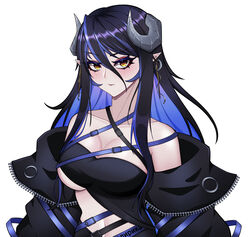  bandeau belt black_bandeau black_belt black_hair black_jacket black_skirt blue_belt blue_hair blush breasts brown_eyes chest_belt cleavage closed_mouth collarbone commentary curled_horns demon_girl demon_horns earrings english_commentary female grey_horns hair_between_eyes hebiyoi_tier hebiyoi_tier_(1st_costume) horns jacket jewelry large_breasts long_hair long_sleeves looking_at_viewer multicolored_hair nanashi_inc. navel off_shoulder open_clothes open_jacket pendramon pointy_ears sidelocks simple_background skirt solo sugar_lyric two-tone_hair underboob upper_body v-shaped_eyebrows virtual_youtuber white_background 