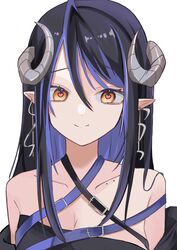  bandeau belt black_bandeau black_belt black_hair blue_belt blue_hair breasts brown_eyes chest_belt cleavage closed_mouth collarbone commentary curled_horns demon_girl demon_horns female grey_horns hair_between_eyes heart heart-shaped_pupils hebiyoi_tier hebiyoi_tier_(1st_costume) highres horns large_breasts long_hair looking_at_viewer multicolored_hair nanashi_inc. off_shoulder pointy_ears sidelocks simple_background smile snake_bite solo split_mouth sugar_lyric symbol-shaped_pupils two-tone_hair upper_body virtual_youtuber white_background yuru._(m29125567) 